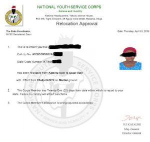 NYSC Relocation Letter Sample