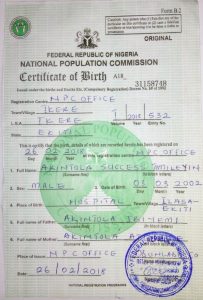 Sample of Original Birth Certificate in Nigeria
